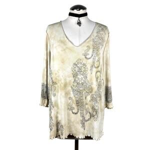 Avenue Vtg Y2K Rhinestone Paisley Lettuce Hem Summery Boho Hippie Sweater Top 2X